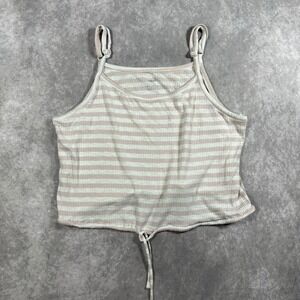 Aerie Striped Ribbed Cami Tank Top Pink White Cropped Cinched Drawstring Hem L